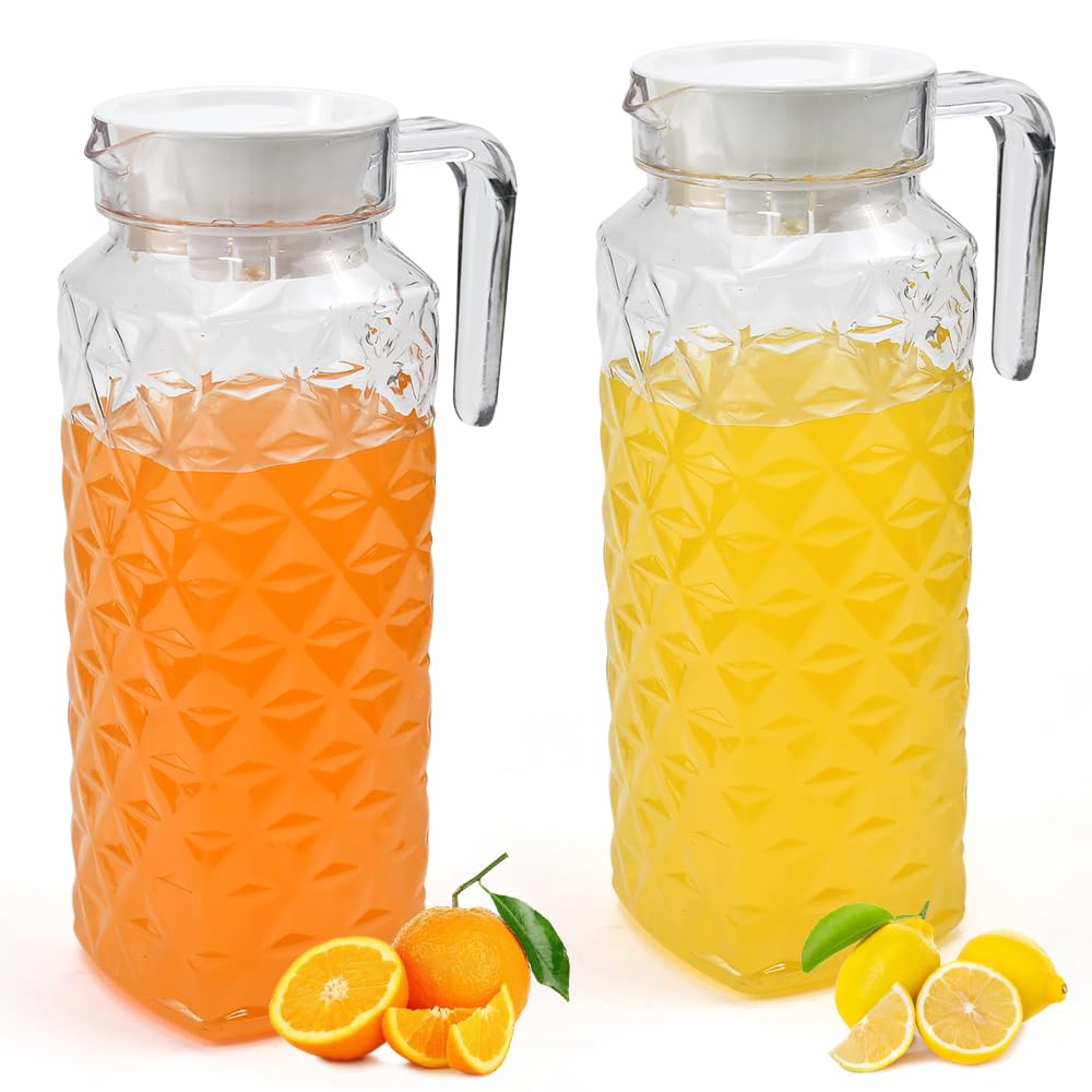 1.1L Plastic Pitcher with Lid and Handle, ADERTOS 2 Pack Clear Water Pitcher Unbreakable Beverage Pitchers Transparent Juice Container Fridge Door Jug for Milk Juice Iced Tea Lemonade (BPA-Free)
