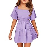 Batermoon Girls Summer Dress Square Neck Short Sleeve Crossover Waist Casual A-line Mini Dress