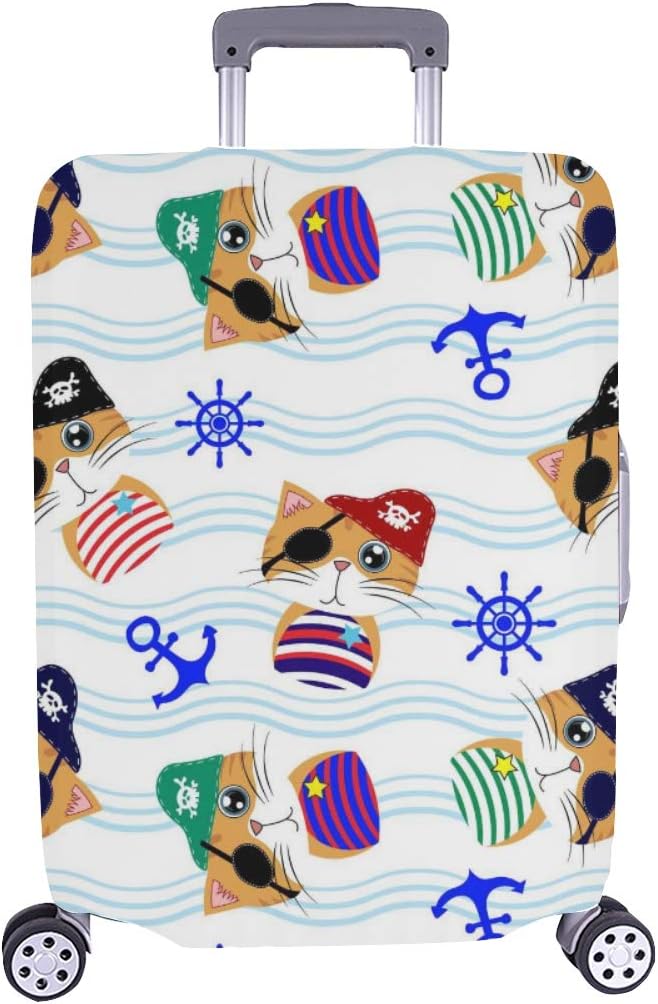 Cute Pirate Cat Steering Wheel Anchor Pattern Spandex Trolley Case Travel Luggage Protector Suitcase Cover 28.5 X 20.5 Inch