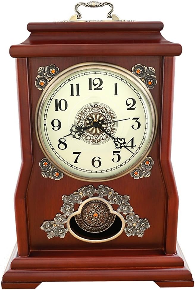 SESO UK- Desk clock European Vintage Retro Mantel / Mantle mute silent table clock with Pendulum Movement ( Color : Redwood color )