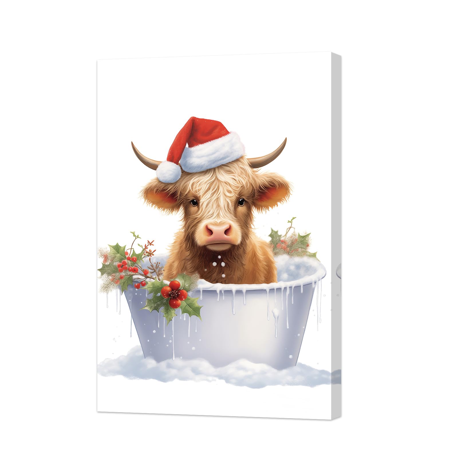 ZXHYWYM Bathroom Aniaml Wall Art Christmas Highland Cow Canvas Prints Cattle In Bathtub Picture Wall Decor Red Hat Cow Poster Funny Xmas Gifts Frame (A, (30.00 x 45.00 cms))