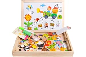Skrtuan Wooden Educational Toys Magnetic Puzzles for Kids Wooden Art Easel Double Side Educational Learning Games for Boys Girls Children