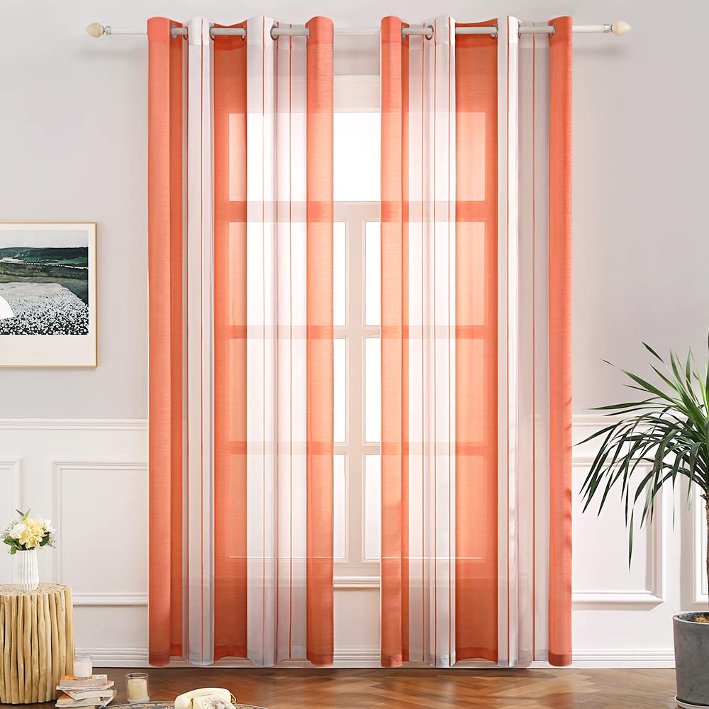 MIULEE Voile Curtains Classic Striped Curtain Translucent Soft Modern Light Filtering Transparent Eyelet Top Window Curtain Polyester for Bedroom Living Room 2 Panels 55" Wx102 L 140x260cm Salmon