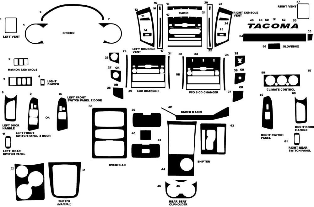 Rvinyl Rdash Dash Kit Decal Trim for Toyota Tacoma 2005-2011 - Carbon Fiber 4D (Black)