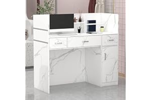 AGOTENI Reception Desk Reception Stations with Open Shelf & Drawers, Wooden Counter Desk with Lockable Drawer for Office Reception Room (Marble White)