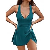 VIMPUNEC One Piece Swim Dress for Women Tummy Control Bathing Suit Mesh Tie Knot Skirt Swim Suits