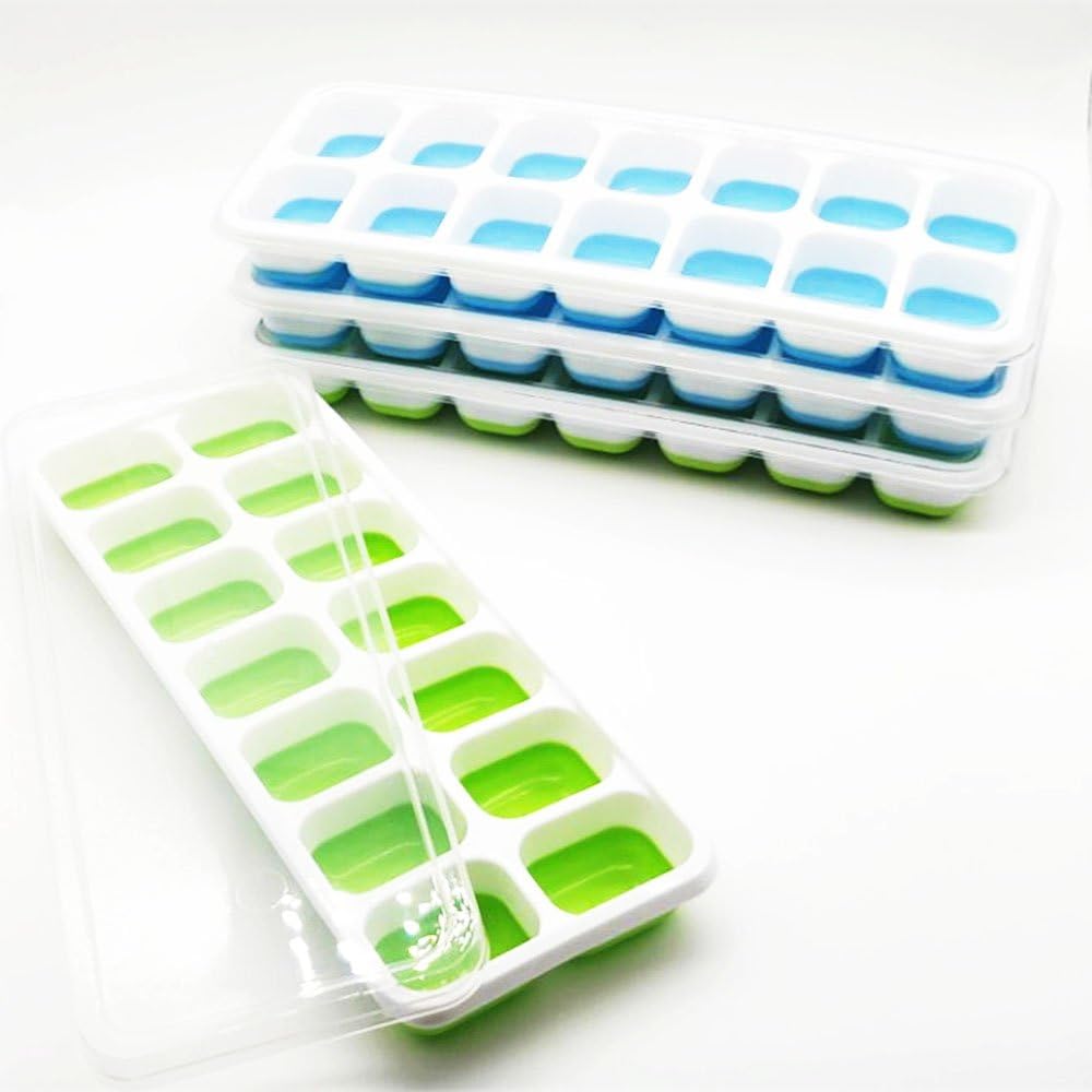 Ice Cube Trays with Lids,Easy-Release Silicone and Flexible 14-Ice Trays with Spill-Resistant Removable Lid,LFGB Certified & BPA Free(2 Green,2 Blue)
