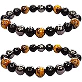 Triple Protection Bracelet for Bring Luck and Prosperity Hematite Black Obsidian Tiger Eye Stone Bracelets for Men Women, Beaded Buddha Healing Rope Uni Bracelet (2pcs)