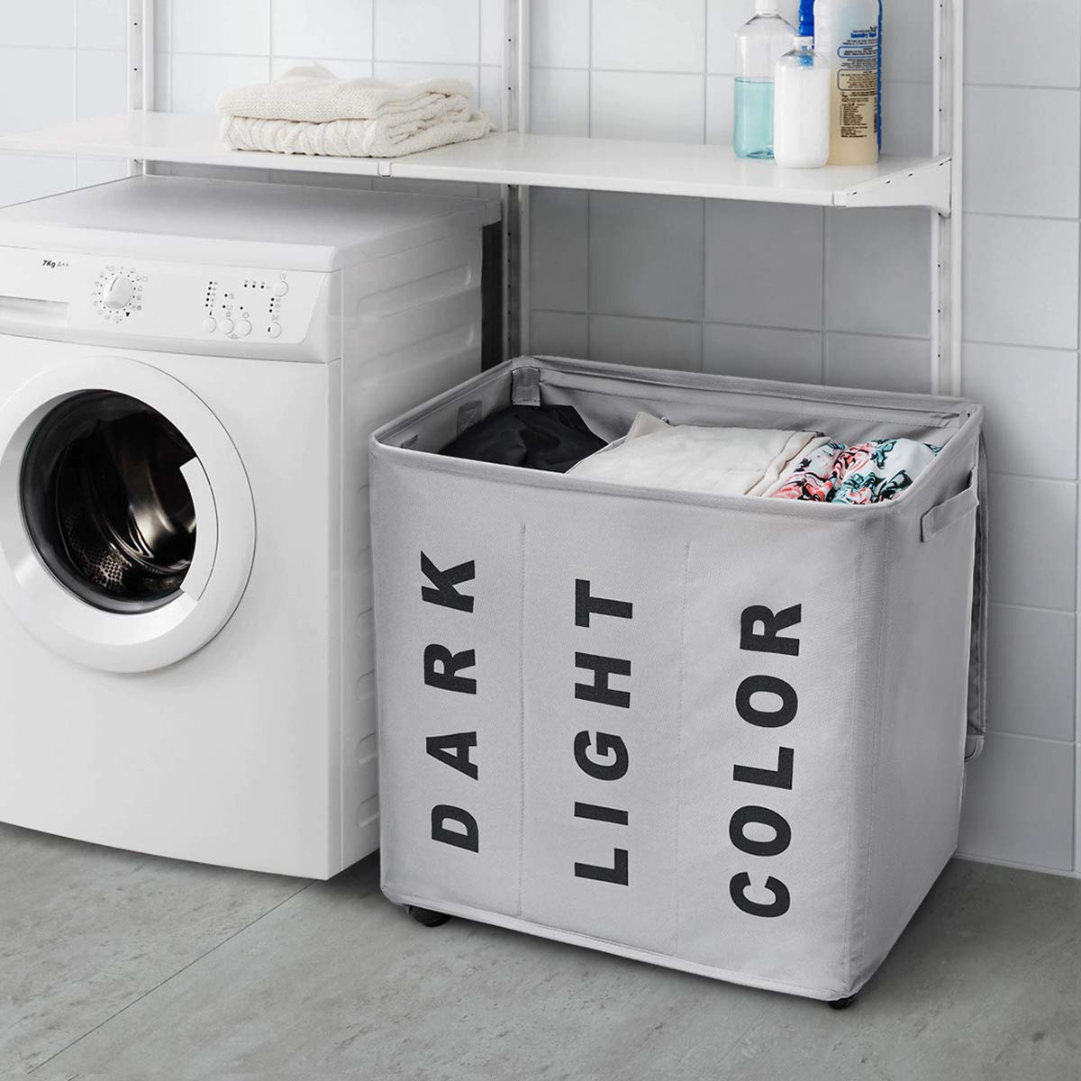 WOWLIVE 3 Section Laundry Hamper Lid Rolling Laundry Basket Wheels Laundry Sorter Removable Dividers Waterproof Durable Dirty Clothes Organizer Storage Bin (Gray)