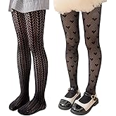 ccHuDE 2 Pairs Heart Print Stockings Patterned Fishnet Stockings Long Sheer Stockings Girls Fishnet Tights Cute Mesh Socks Kids Black Tights