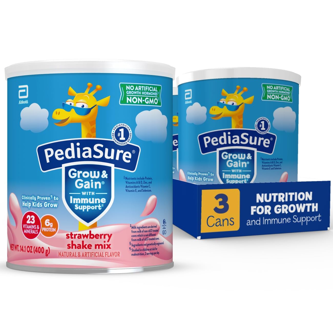 PediaSure Grow & Gain with Immune Support Shake Mix Powder, 23 Vitamins & Minerals, 6g Protein, Non-GMO, Gluten-Free, Strawberry, 14.1 oz Can, Pack of 3—24 Servings