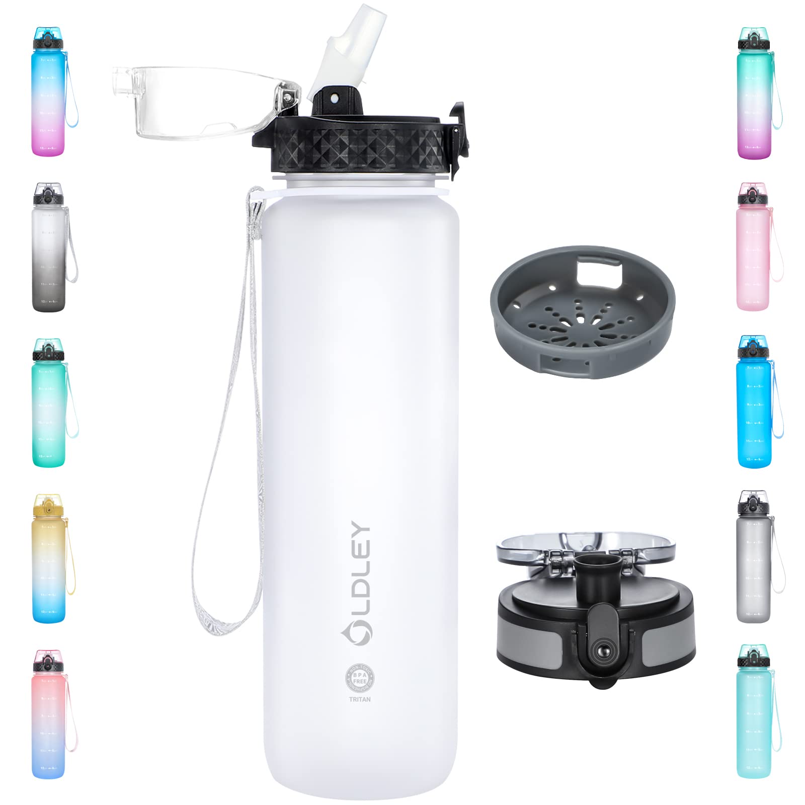 OLDLEY 1L/32oz Sports Water Bottle with 2 Different Lids, 1000ml Motivational Drinks Bottle with Time Markings Leak Proof Drink & Lock Cover, BPA Free for Gym School Cycling Running Hiking — image 1