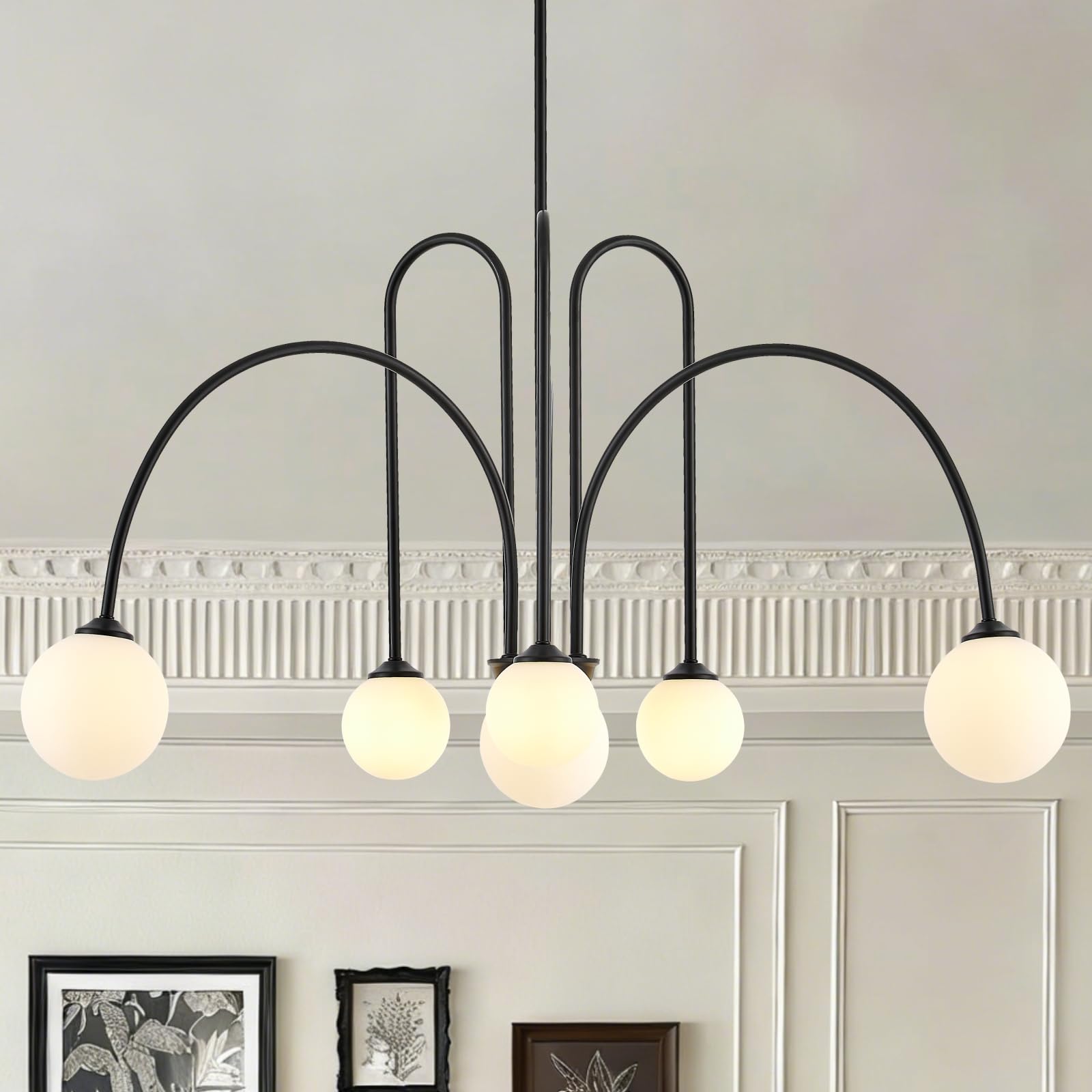 Photo 1 of Tyottadar Black Sputnik Chandelier 6-Light Modern Large Chandelier L41’’ Mid Century Pendant Light Fixture with Milk Glass Globe Shades Long Dining Room Light Fixture for Living Room Foyer Bedroom