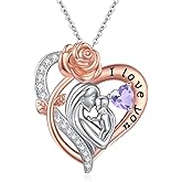 WYDDO Mom Birthstone Necklace 14K Rose Gold/925 Silver Filled Rose Heart Pendant I Love You Jewelry Mothers Day Gifts for New Mom Grandmother Women Wife Her