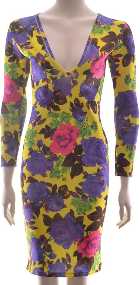 Bright Yellow Long Sleeved V-Neck Midi Dress With Floral Print: Amazon.co.uk: Clothing