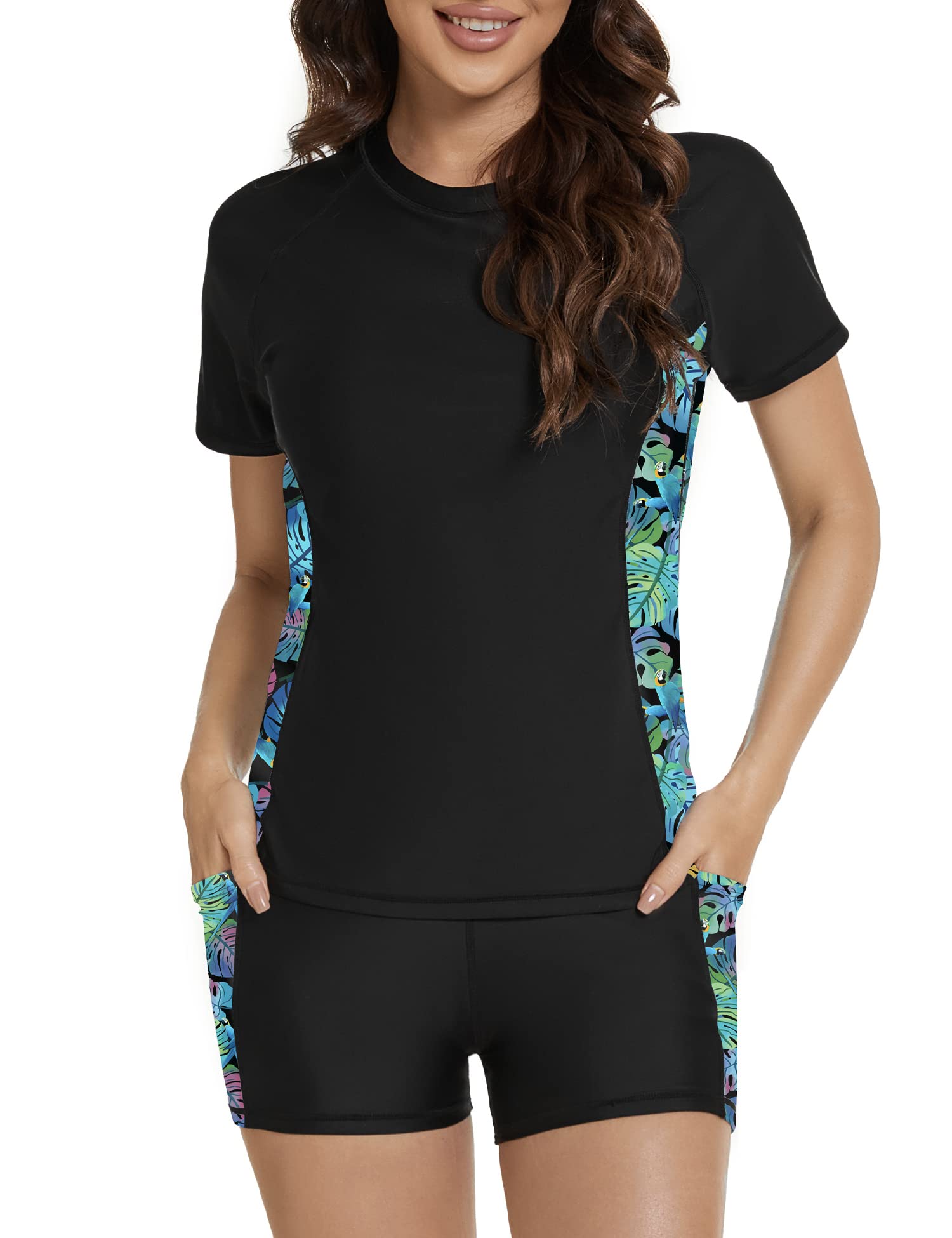 Photo 1 of Tournesol Women's Rash Guard 2 Piece Short Sleeve Swim Shirt with Shorts Swimsuit with Bra Bathing Suit Plus Size with Pocket