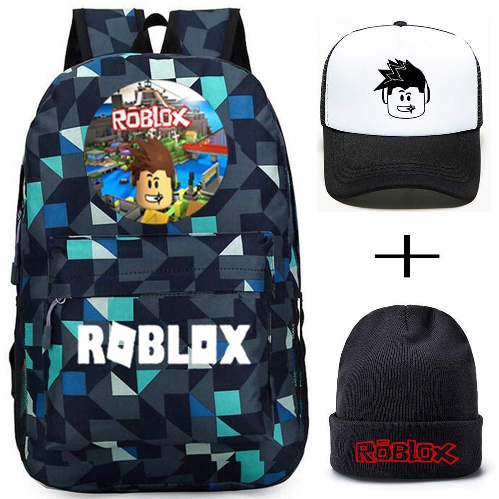 Roblox Backpack With Baseball Cap And Knitted Hat Student Bookbag Laptop Backpack Travel Computer Bag For Boys Girls Kids Teenagers Game Fans Gift - 