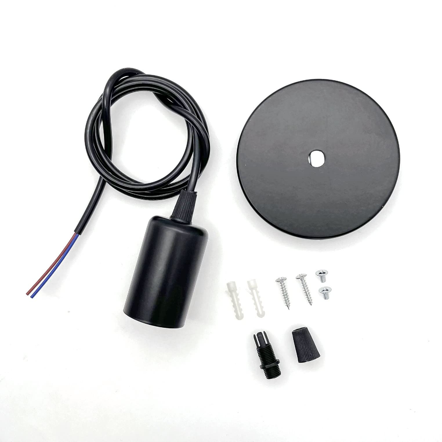 JZK E27 Matt black ceiling pendant light fitting, ceiling rose light fitting, ceiling rose pendant, metal lampholder E27, ceiling lamp holder screw fitting with cable