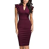 Knitee Women's Vintage Ruffle Sleeve V-Neck Bodycon Evening Party Cocktail Pencil Sheath Dress