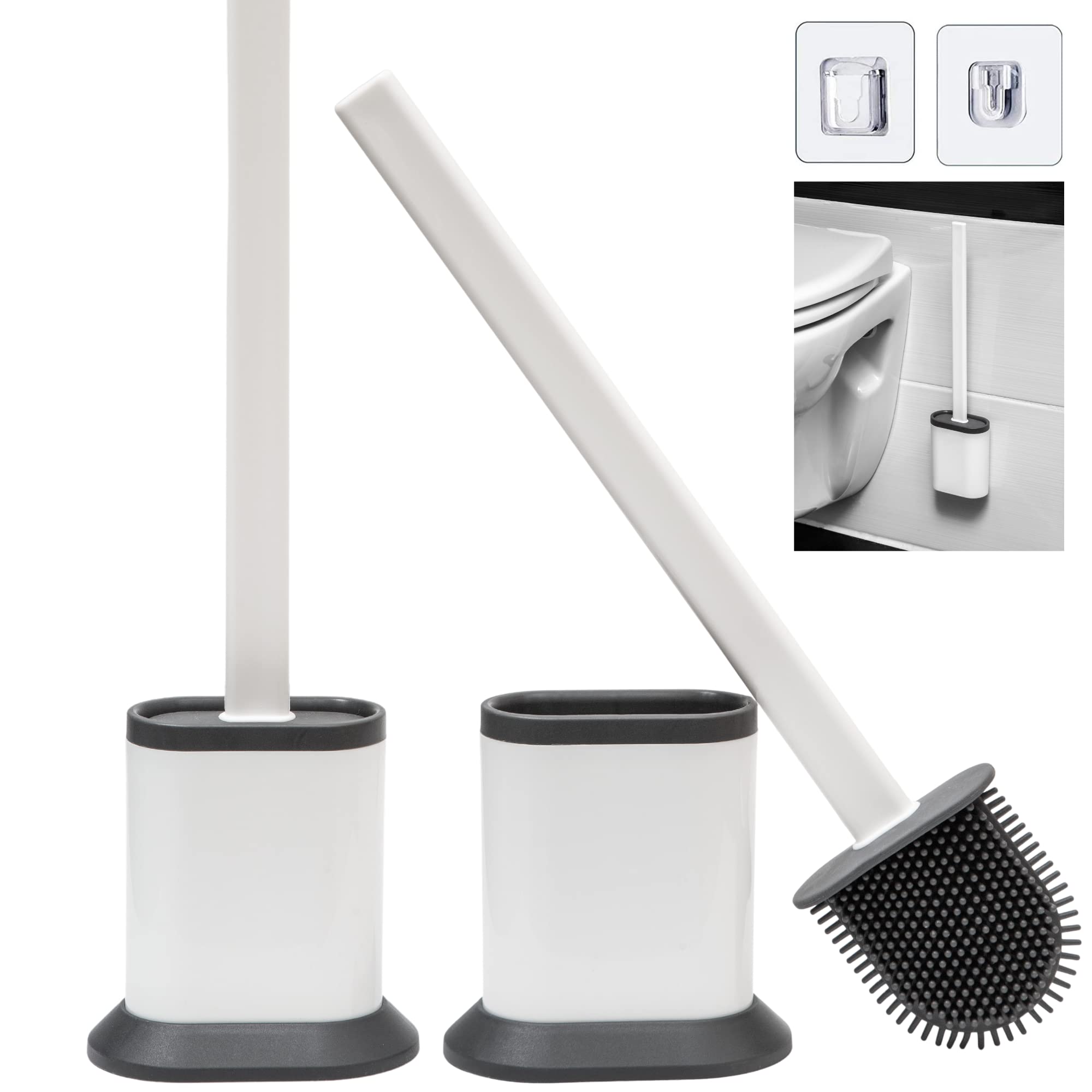 SALAROT Toilet Brush. 2 Pack Hygienic, Soft, Flexible Bristles and Quick Drying Silicone Toilet Brush with Holder. Wall Mounted Or Flat Use Loo Brush. White Elegant Design For Bathroom Cleaning Brush