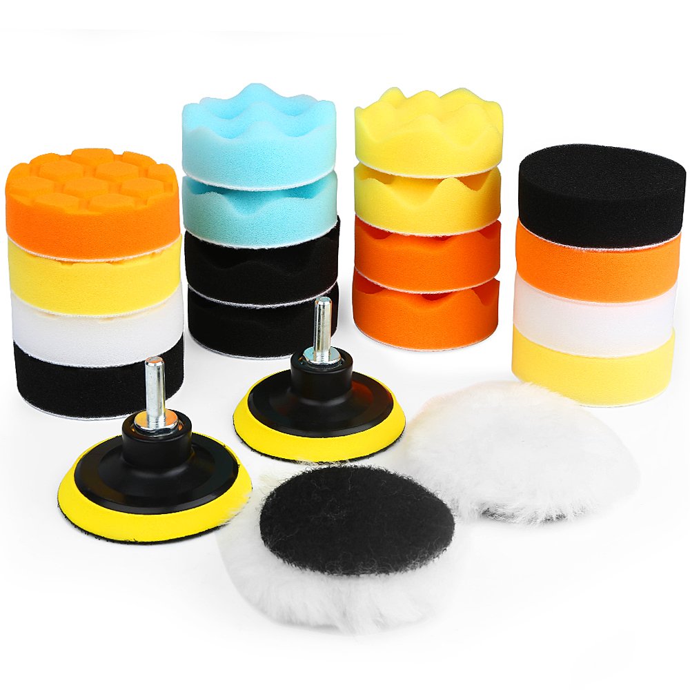 Electop Car Polishing Pad Kit 22 Pcs, 3 Inch Foam Drill Buffing Sponge Woolen Pads for Car Sanding, Buffing, Polishing, Waxing, Sealing Glaze(18 Pads+2 Drill Adapters+2 Suction Cups)