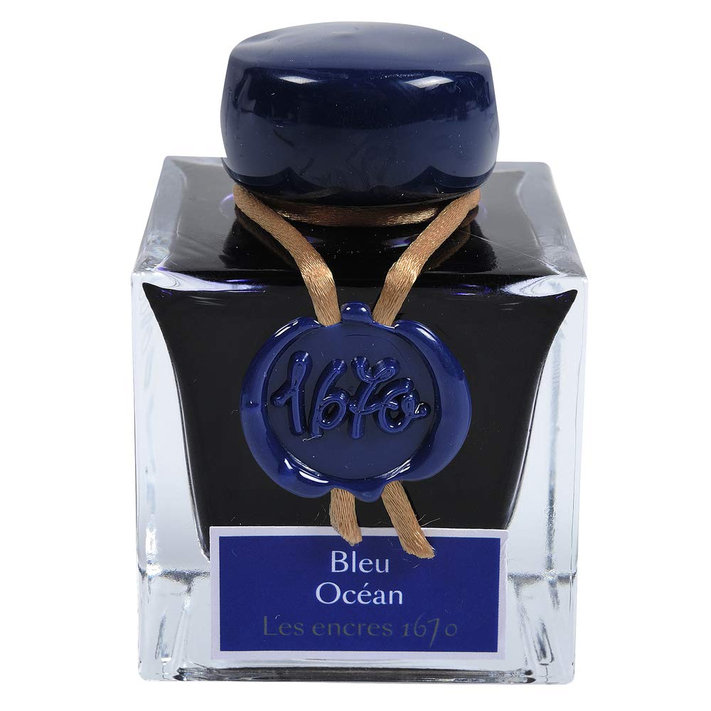 Jacques Herbin 15018JT - A bottle of 1670 gold glitter ink for fountain pen, rollerball, glass nib and penholder 50 ml, Bleu Ocean/ Ocean Blue - calligraphy — image 1