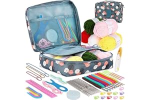 Blue Floral Crochet Kit Beginner Starter Portable Set Ergonomic Hooks Yarn Tools Accessories DIY Knitting