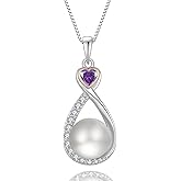 Veshon Heart Birthstone Pearl Pendant Necklace, 925 Sterling Silver Infinity Necklace with 10mm Freshwater Cultured Pearl & 4mm Gemstone Jewelry for Women