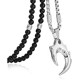 BLEUM CADE Men's Stainless Steel Flame Wolf Teeth Pendant Necklace Natural Agate Stone Chain 26" Link