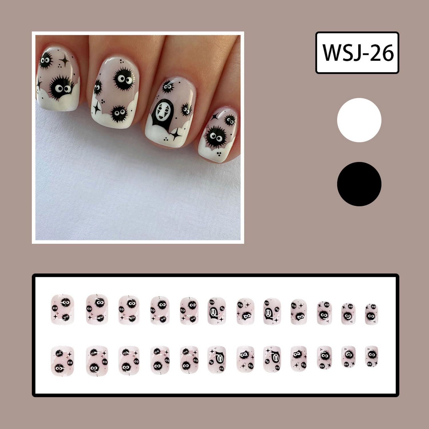 Halloween Short Square Press on Nails Cute Black Coal Ball Design False Nails French Fake Nails Glossy Little Ghost Acrylic Nails Full Cover Stick on Nails for Women Halloween Manicure Decorations - Image 2