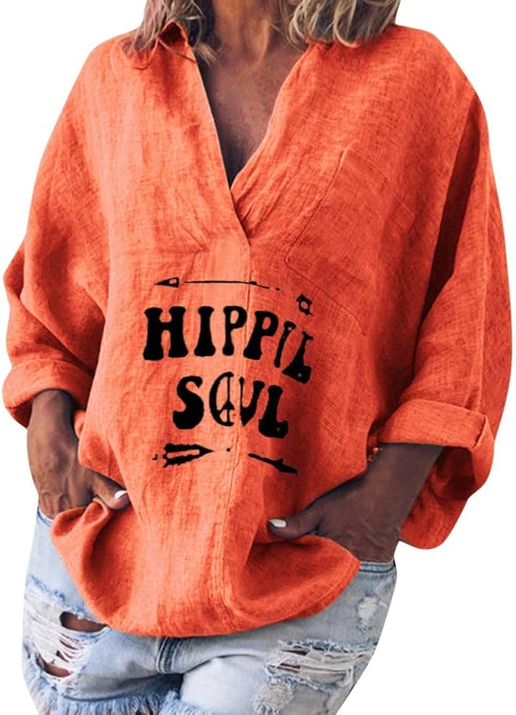 Aniywn Women V-Neck Linen Blouse T-Shirt Loose Solid Simple Pullover Top