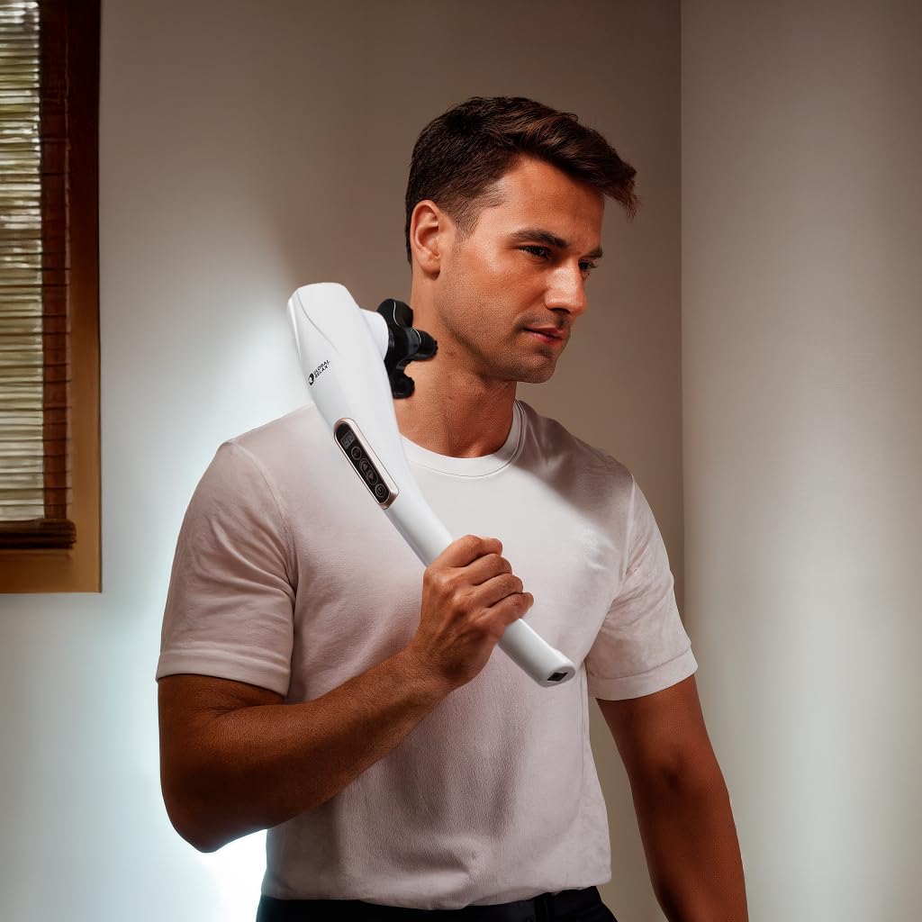 GLOBAL RELAX® | EGO Multifunctional Cordless Body Massager | White | Shiatsu Massage I Percussion | 6 Interchangeable Heads | 10 Intensity Levels | LCD Display