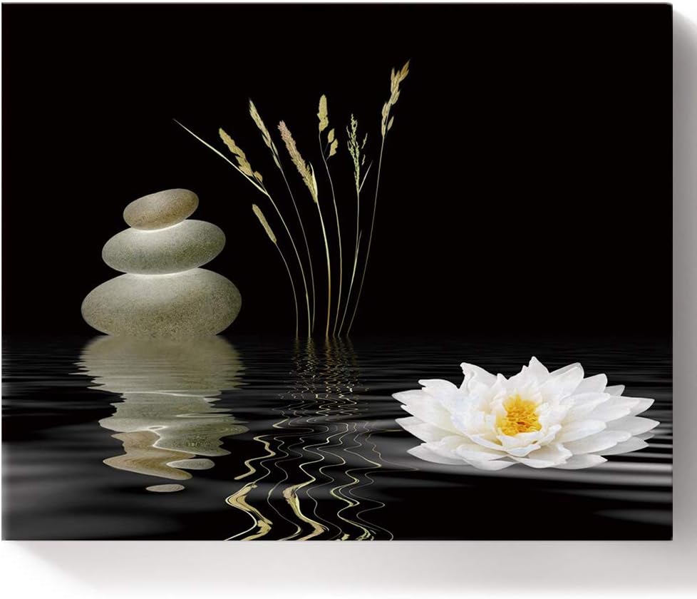 FOREVER20 Paint by Numbers DIY Acrylic Painting Kit for Adults Kids Beginner Zen White Lotus Stone on Canvas Wooden Framed for Bedroom Livingroom Wall Decor 16x20in
