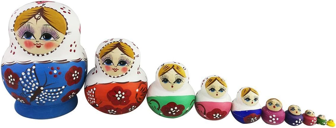 Winterworm Set of 10 Rustic Style Butterfly Matryoshka Dolls Russian Nesting Dolls Wooden Stacking Toy for Kids Toy - Image 5