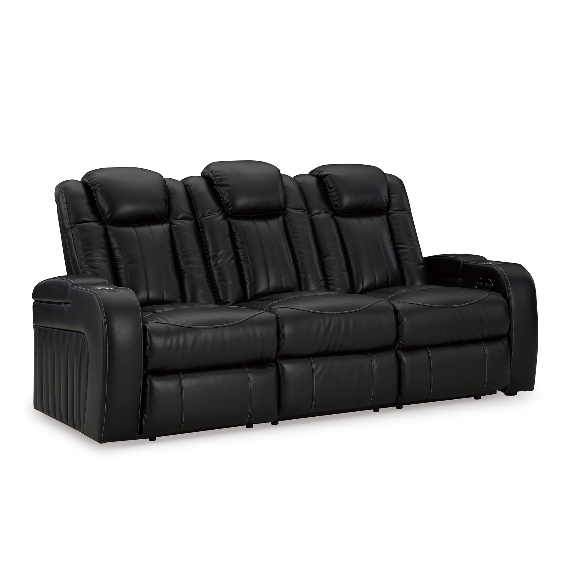 Photo 1 of ****STOCK PHOTO REFERENCE ONLY****FACTORY SEALED***Signature Design by Ashley Caveman Den Modern Faux Leather Power Reclining Sofa with Adjustable Headrest, Drop Down Table, Electrical Outlets and LED Reading Lights, Black