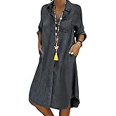 CHARTOU Women Long Sleeve Denim Button Up Shirt Dress Midi Jean Dress