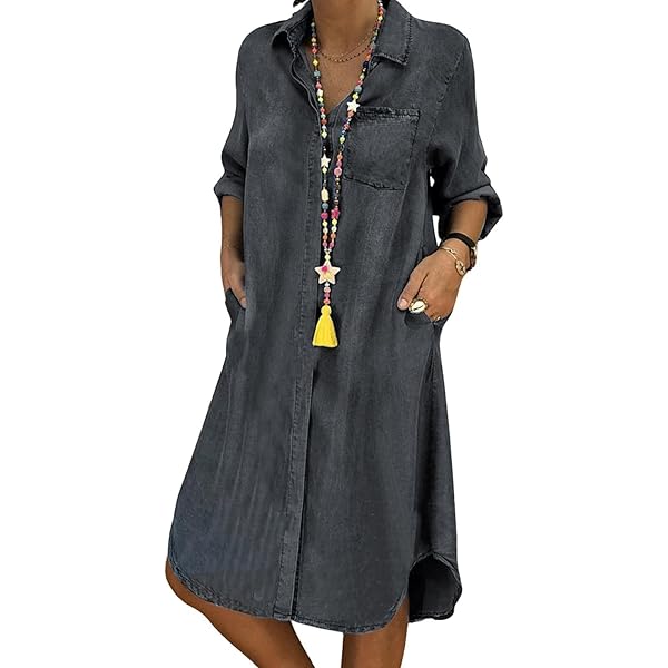 Amazon.com: Denim Dress for Women Plus Size Casual Loose Long Sleeve  Classic Vintage Button Down Jean Shirt Dresses Midi Dress Dark Gray:  Clothing, Shoes & Jewelry