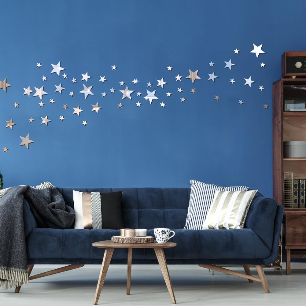 Cosysparks Star Mirror Wall Stickers, 40 Pcs Silver Acrylic Star Stickers, Minimalist Wall Decor for Living Room, Bedroom, Office