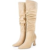 Coutgo Women's Slouchy Knee High Boots Wide Calf Pointed Toe Side Zipper Chunky Heel Long Boots Winter Shoes