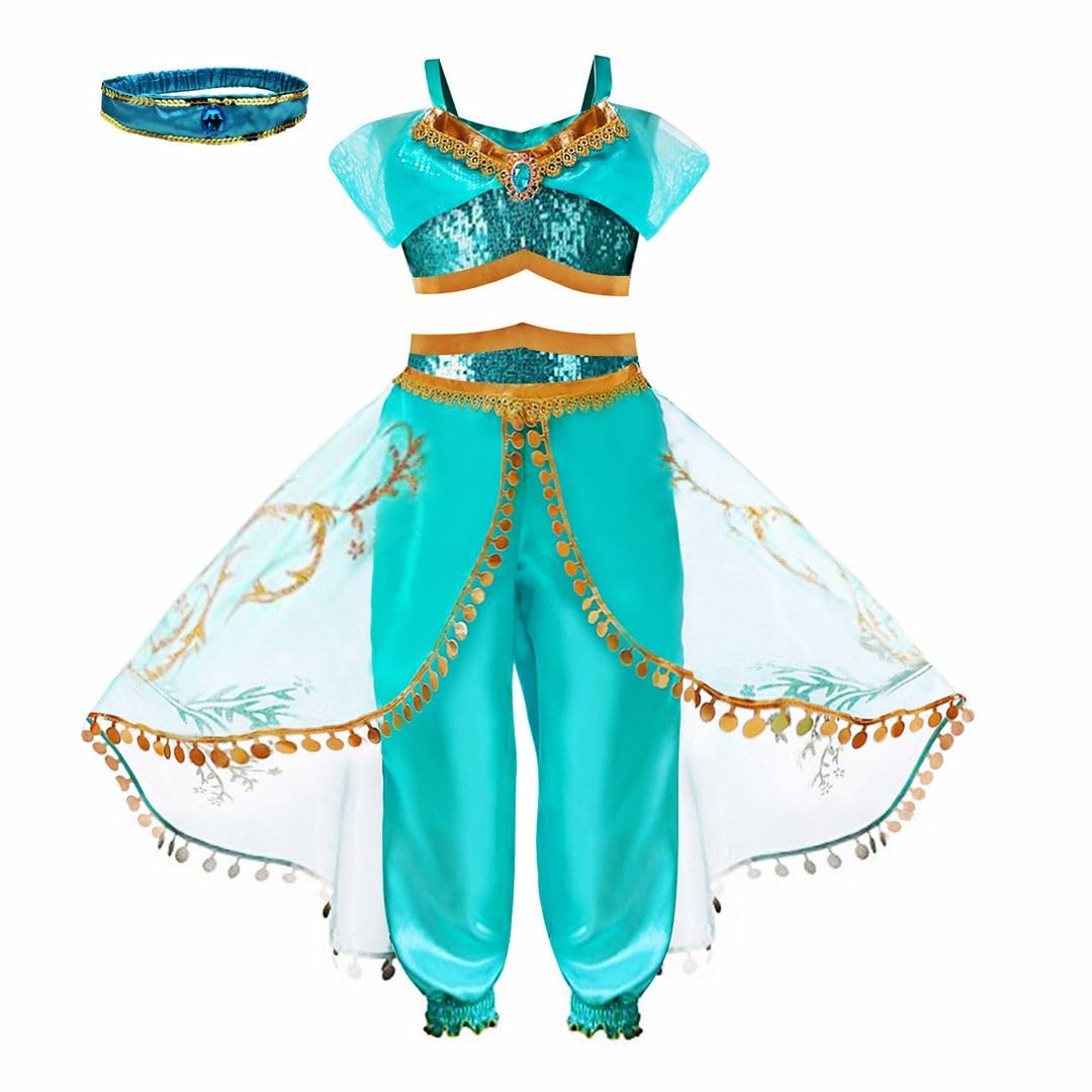 COLOR PRINCE Girls Arabian Princess Costume Set - 3-Piece Sequin Dance Outfit with Headband & Sheer Overlay - Kids Princess Fancy Dress for Birthdays, Halloween & Cosplay Parties - Age 4 to 5