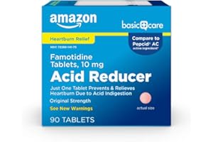 Amazon Basic Care Original Strength Famotidine Tablets, 10 mg, Acid Reducer, Heartburn Medicine, Acid Indigestion Relief, 90 Count
