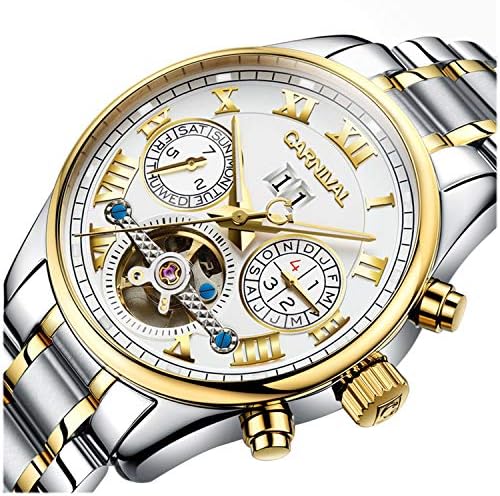 PASOY Men Automatic Mechanical Watch Tourbillon Stainless Steel Rose Gold Date Waterproof Analog Watches