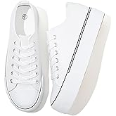 Rominz Women's White Platform Sneakers PU Leather Platform Shoes Classic Black Low Top Sneakers Casual Walking Shoes for Women