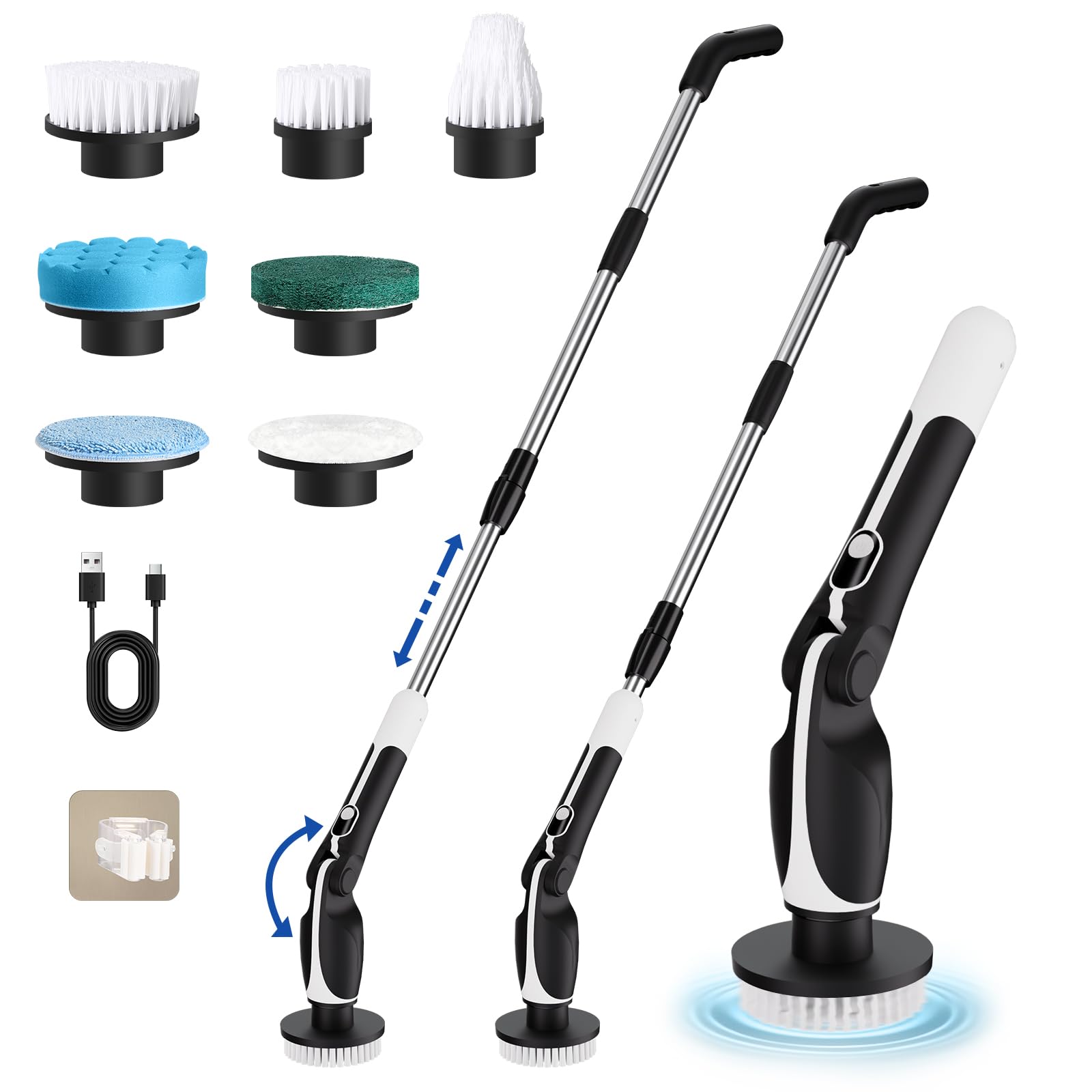 Electric Household Cleaning Brush, Upgraded Cordless Electric Rotary Cleaner with Adjustable Handle, 7 Cleaning Brush Heads for Kitchen, Bathroom, Tile and Floor