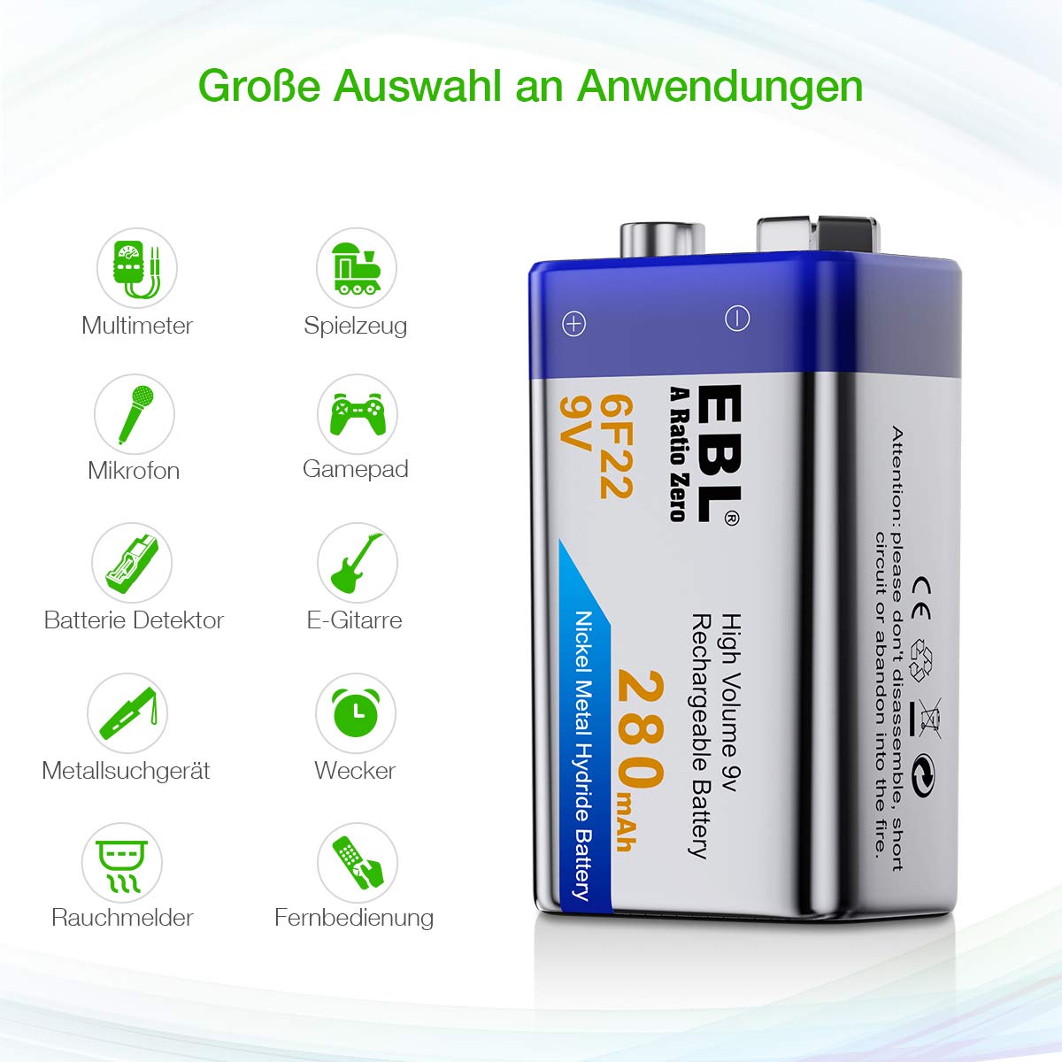 EBL 280mAh 9Volt Block Ni-MH wiederaufladbare 6F22 9V Akku 4 Stück