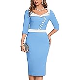 MUXXN Women's 1950s 3/4 Sleeve Pencil V Neck Midi Knee Length Bodycon Vintage Cocktail Dresses