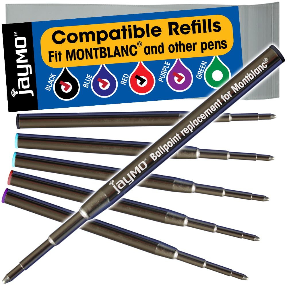 Jaymo Replacement for Montblanc 128211/128214/116215/116218 - Measures 3.875 in / 98 mm Long - Ballpoint Pen Refill - 2 Black + 2 Blue + Red + Purple