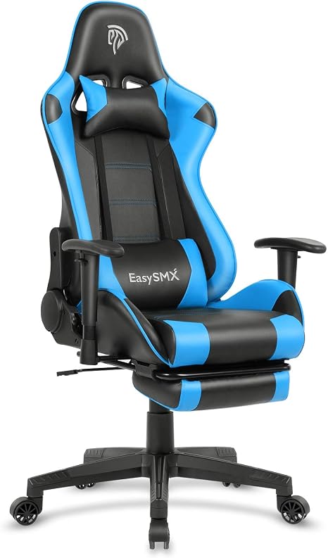 Amazon Com Easysmx Reclining Memory Foam Racing Gaming Chair Ergonomic High Back Racing Computer Desk Office Chair With Retractable Footrest And Adjustable Lumbar Cushion Blue Black Kitchen Dining