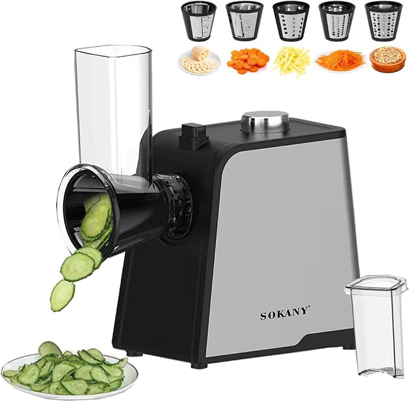 SOKANY 1000W 6-in-1 Electric Grater Salad Slicer 5 Inserts Fruit Veg Chopper