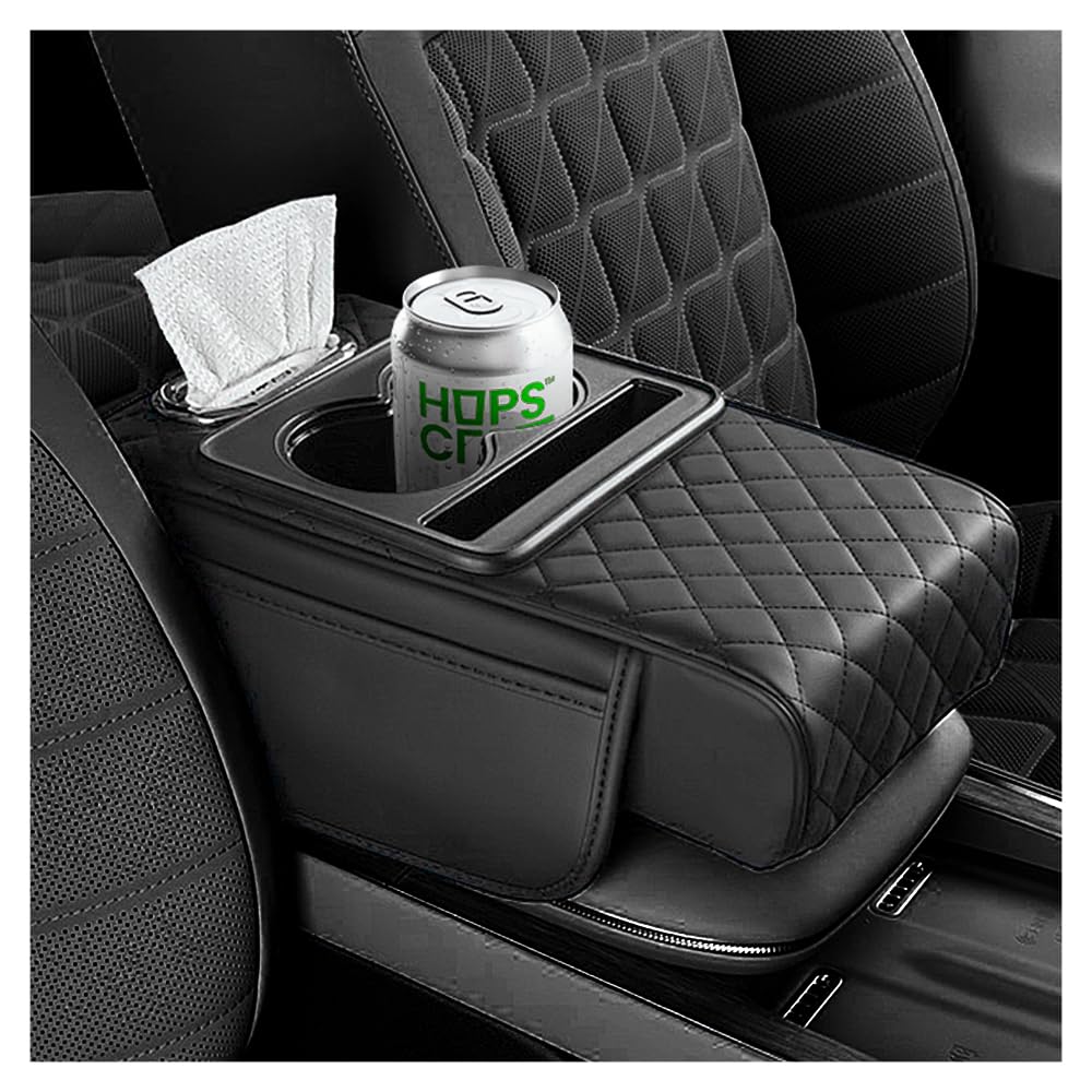 Photo 1 of 5-in-1 Car Center Console Cover,Multifunctional Arm Rest Cover for Car with Cup Holder,Phone Holder,Pocket,Car Tissue Holder,Leather Height Enhancement Car Armrest Cushion for Most Cars (Black)